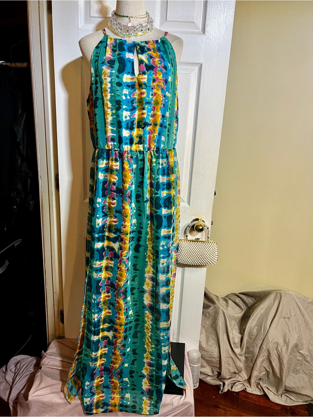 Stevie&Lindsay Y2K Wms Chiffon Colorful Abstract Halter Front Slit Maxi Dress 1X